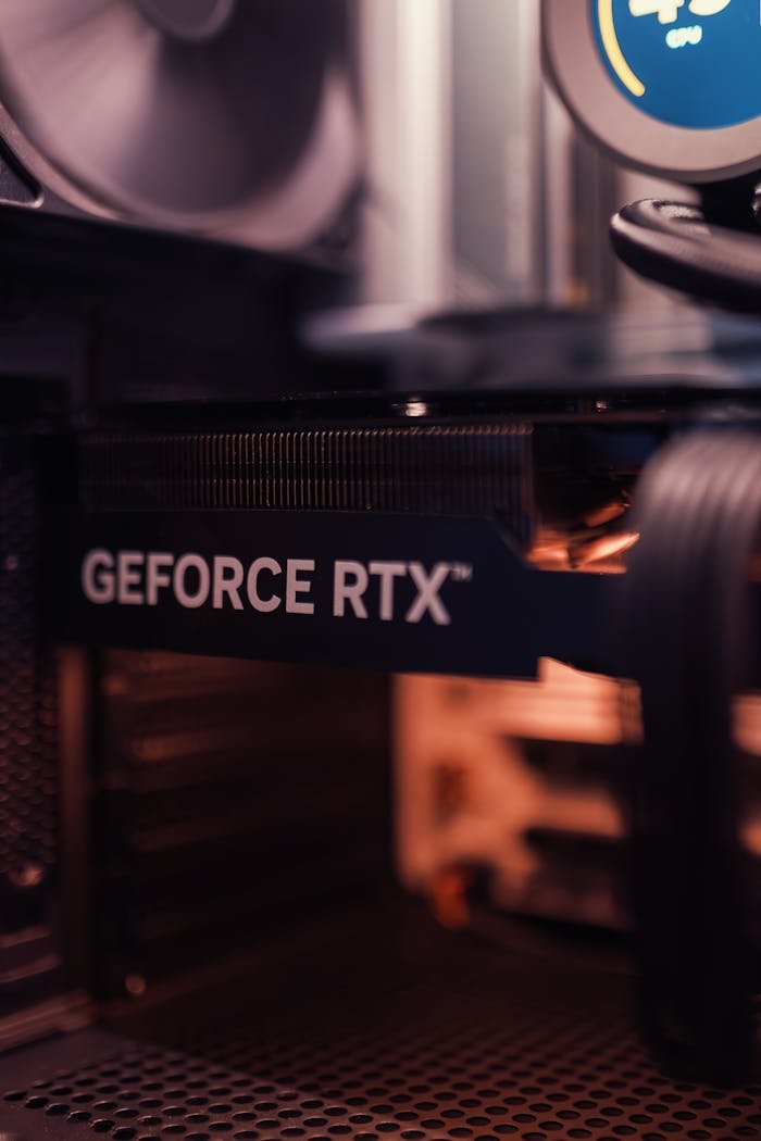 A detailed view of a GeForce RTX graphics card installed in a desktop computer setup.